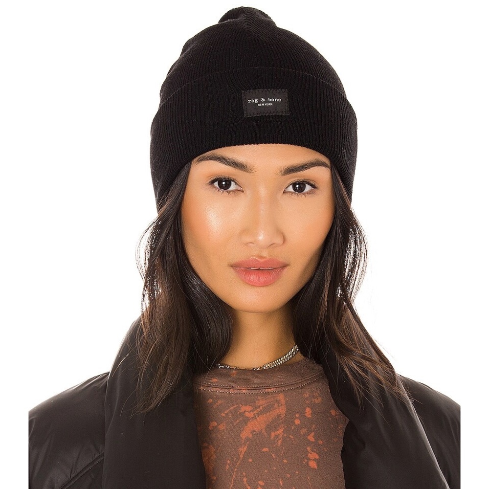 Rag & Bone Addison Black Wool Blend Knit
Logo Patch Beanie Hat - Picture 2 of 5